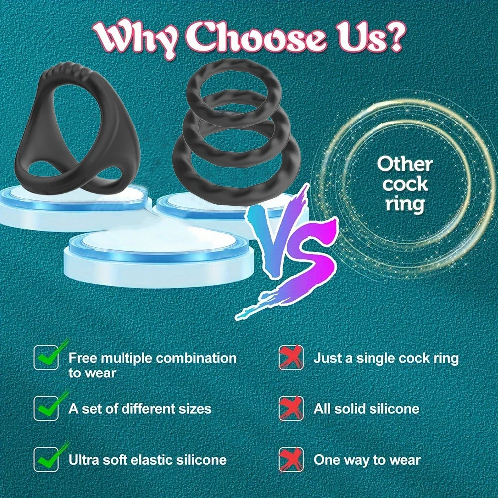 3PCS Cock Rings Penis Enlargement Durable Silicone Penis Ring Sex Toys for Adults Men Male Delay Ejaculation Scrotum Lock Ring EROCIT