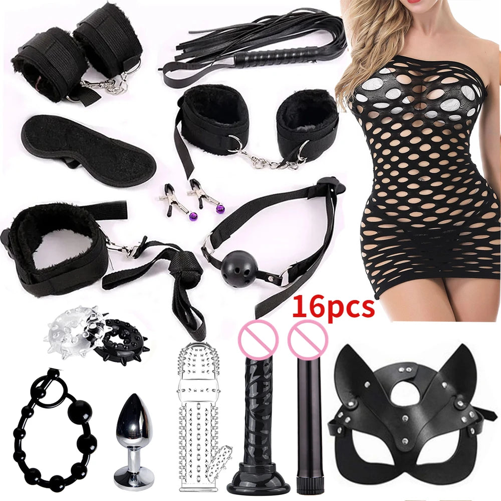 Fetish BDSM 37pcs Black Wolf Kit Sex toy Handcuffs for women adult Handcuffs Whip Anal plug vibrator bondage rope Sex sexy game EROCIT
