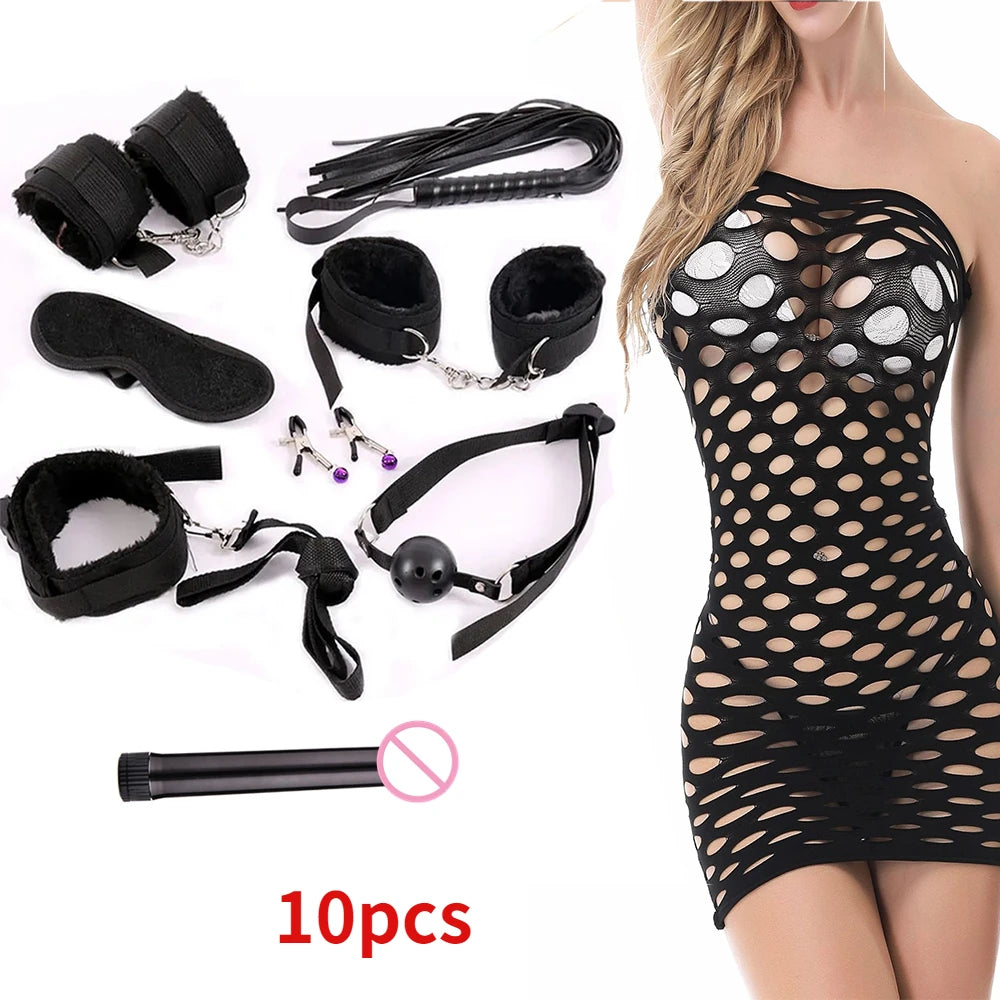 Fetish BDSM 37pcs Black Wolf Kit Sex toy Handcuffs for women adult Handcuffs Whip Anal plug vibrator bondage rope Sex sexy game EROCIT