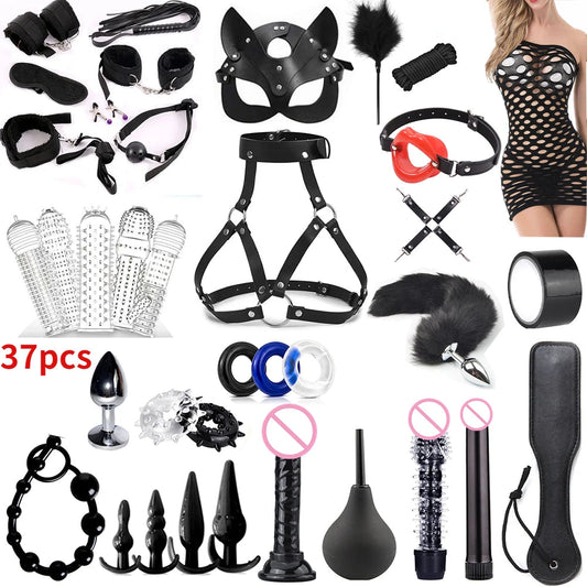 Fetish BDSM 37pcs Black Wolf Kit Sex toy Handcuffs for women adult Handcuffs Whip Anal plug vibrator bondage rope Sex sexy game EROCIT